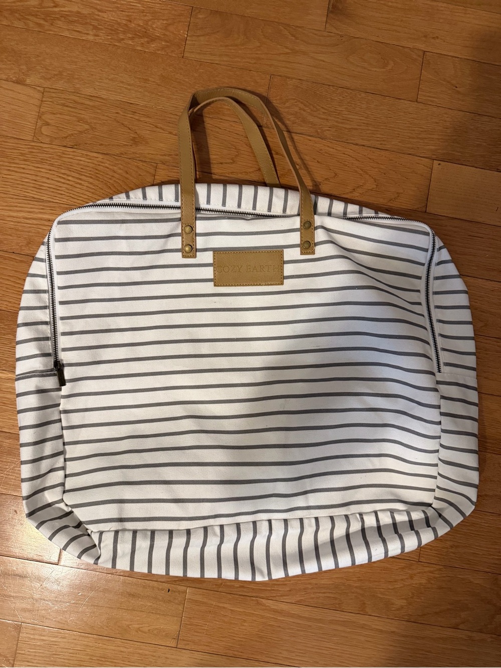 Striped Canvas Tote with Tan Handles - White & Gray